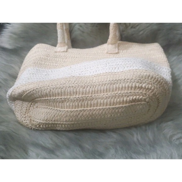 Altru Medium 100% Paper Straw Tan White Double Handles Tote Bag Purse - Picture 3 of 8